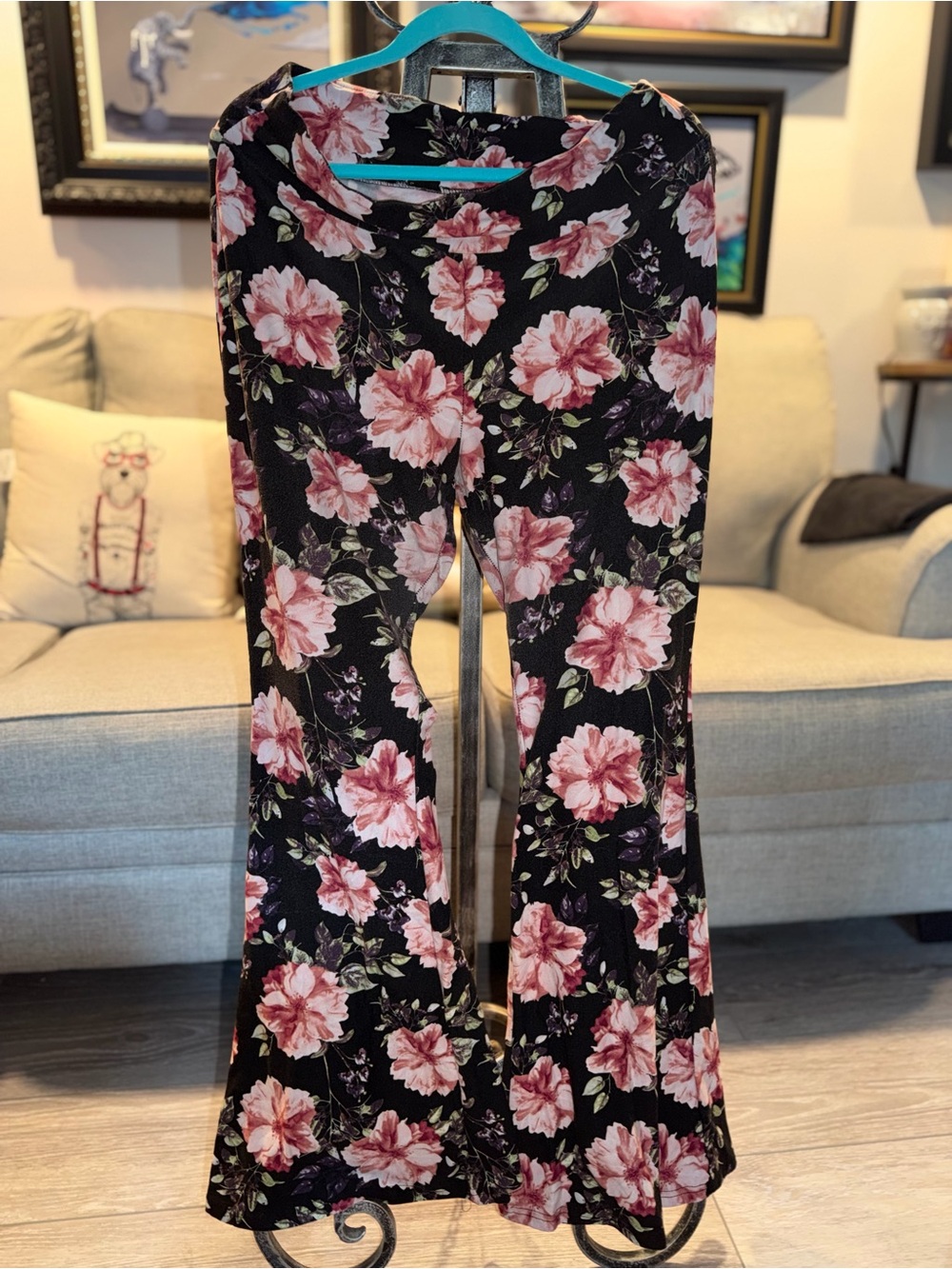 No Boundaries Black Pants with Pink Floral Print